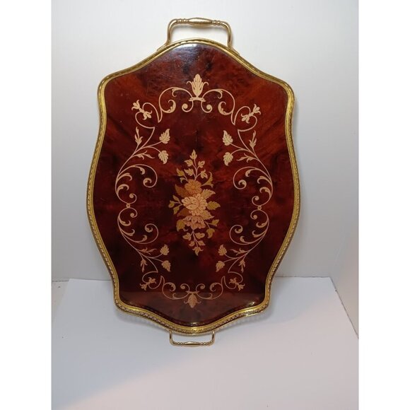 Italian Wood Marquetry Inlaid Wood Brass Rim Handles Laquered Made in Italy MCM - Picture 1 of 6